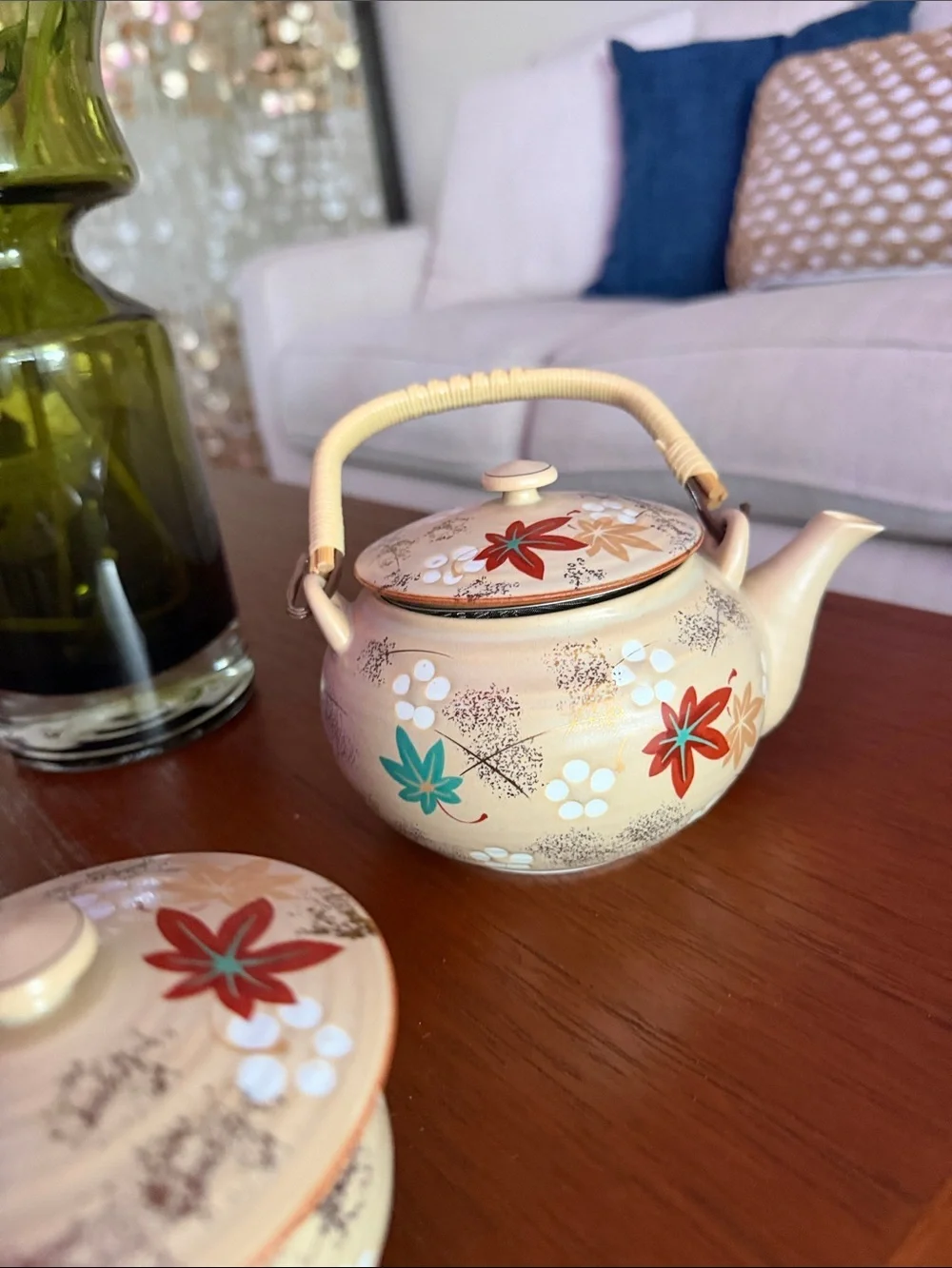 Cream Ceramic Teapot and Lidded Bowls Set with Floral Accents